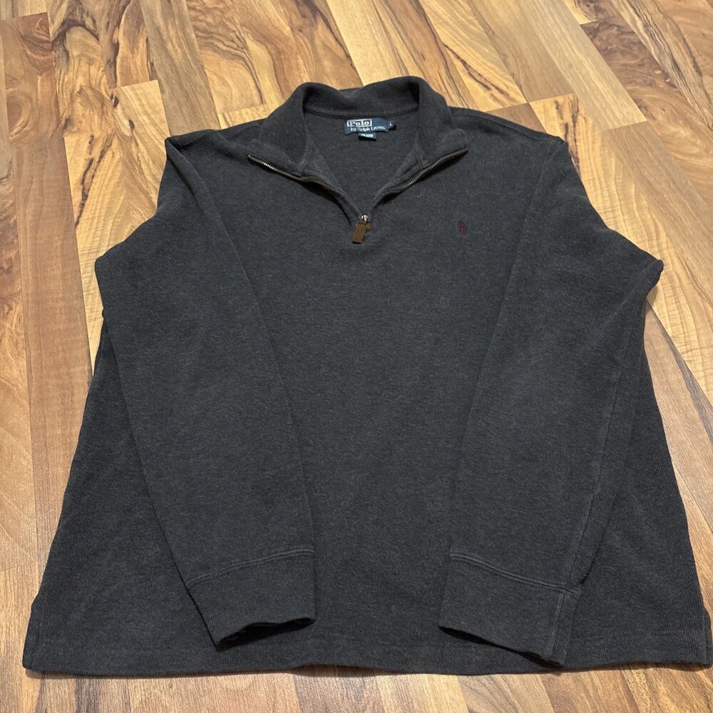 Polo Ralph Lauren Mens 1/4 Zip Fleece Sweatshirt Dark Gray Charcoal Leather Fall
